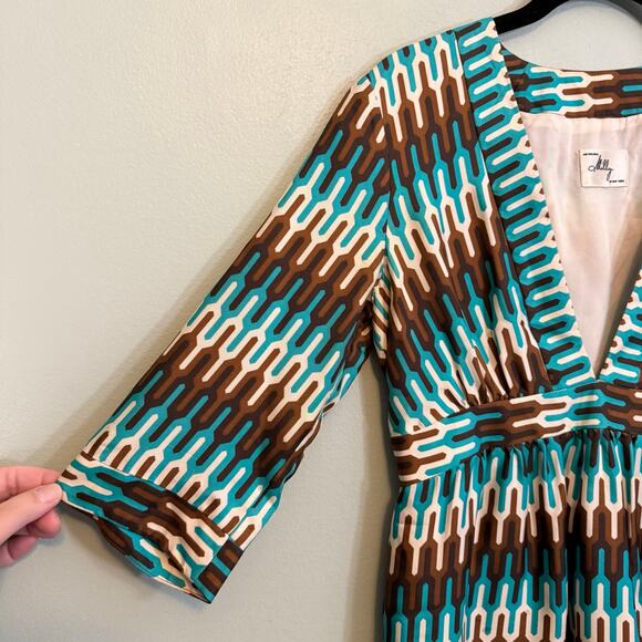 Vintage 80s Milly NY Mini Kimono Dress XS/S Blue Geometric Silk Pullover V-Neck - Picture 6 of 10